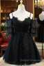 Black A line V Neck Lace Short/Mini Prom Dress, Black Puffy Homecoming Dress