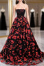 Black and Red Off Shoulder Floral Tulle Formal Dress, Floor Length Party Dress