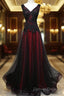 Black And Tulle V-Neckline Beaded Lace Long Party Dress, A-Line Prom Dress Evening Dresss