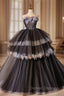 Black Ball Gown Strapless Flower Pleats Prom Dress