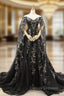 Black Ball Gown Tulle Off the Shoulder Long Sleeve Prom Dress With Appliques