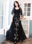 Black Beaded Straps A-Line Floor Length Party Dress, Black Tulle Long Prom Dress