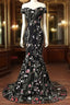Black Floral Lace Mermaid Off Shoulder Long Party Dress, Black Evening Dress Prom Dress