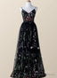 Black Floral Tulle A-Line V-Neckline Long Prom Dress, Black Evening Dress Party Dress