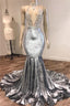 Black Girl Prom Dress Open Back Silver Velvet Prom Dress Cheap | Mermaid Sexy V-Neck Crystals Appliques Formal Evening Gowns