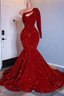 Black Girl Prom Dress One Shoulder Mermaid Red Prom Dress | Cheap Sequins Evening Gowns