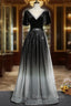 Black Gradient tulle and Velvet Short Sleeves V-neckline Tulle Party Dress, Black Tulle Prom Dress