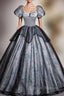 Black Gray Tulle Puff Sleeve Beading Quinceanera Dress