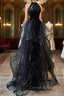 Black Halter Tulle Layers Long Prom Dress with Sequins, Black Party Dress
