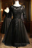 Black Lace and Tulle Short Sleeves Party Dress Formal Dress, Black Homecoming Dress