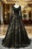 Black Long Sleeves Lace Prom Dress, Black Evening Gown