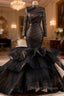 Black Mermaid Long Sleeve Pleats Prom Dress