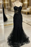 Black Mermaid Spaghetti Straps Flower Prom Dress