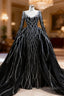 Black Mermaid Tulle Long Sleeve Sequins Prom Dress With Detachable Train