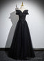 Black Off Shoulder A-Line Tulle With Lace Party Dress, Black Long Prom Dress