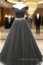Black Off Shoulder Tulle Lace Beaded A-line Prom Dress, Black Junior Party Dress