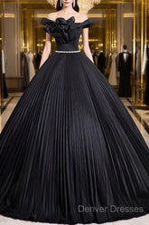 Black Pleated Long A-Line Party Gown With Rhinestone Sash, Elegant Off The Shoulder Formal Evening Dress