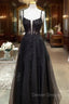 Black Prom Dress, A-line Square Neckline Spaghetti Straps Long/Floor-Length Tulle Prom Dress With Glitter Beading Appliqued