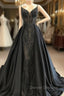 Black Robe De Soiree A-Line Spaghetti Straps Appliques Long Prom Dress Prom Gown Evening Dress