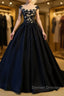 Black round neck satin long prom gown, black evening Dress