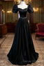 Black Satin Beaded Floor Length Prom Dress, Black A-Line Short Sleeve Evening Dress