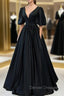 Black Satin Deep V-neckline Long Formal Dress, Black Evening Dress Prom Dress