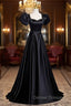 Black Satin Floor Length Prom Dress, Simple Black Short Sleeve Evening Dress
