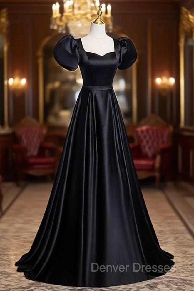 Black Satin Floor Length Prom Dress, Simple Black Short Sleeve Evening Denver Dresses Black Satin Floor Length Prom Dress, Simple Black Short Sleeve Evening Denver Dresses