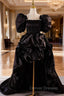 Black Satin Square Puff Sleeve Prom Dress