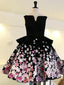Black Satin Pink Floral Appliques Homecoming Dresses
