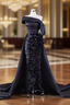 Black Satin Pleats Ruffles Prom Dress