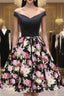 Black Satin Print Off the Shoulder Homecoming Dress