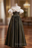 Black Satin Puff Sleeve Flower Prom Dress