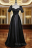 Black Satin Short Sleeve Beading Prom Dress