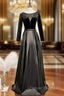 Black Satin Velvet Long Sleeve Button Prom Dress