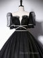 Black Scoop Neckline Long Prom Dress, Shiny Tulle Black Evening Dress