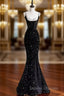 Black Sequins Mermaid Straps Beaded Prom Dress, Black Sequins Party Dress