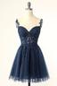 Navy Blue Spaghetti Straps Short Homecoming Dress With Appliques