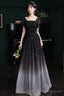 Black Short Sleeves Gradient Tulle With Lace Party Dress, Black A-Line Prom Dress