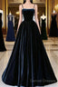 Black Spaghetti Strap Velvet Long Prom Dress With Pearls, A-Line Evening Dress Party Dress