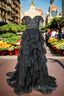 Black Sparkly Corset Prom Dress Off The Shoulder Tiered A-Line Sweetheart Neck Tulle Lace Evening Dress