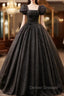 Black Square Neckline Tulle Long Prom Dress, Shiny Tulle Black Evening Dress