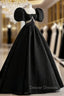 Black Square Puff Sleeve Backless Prom Dress