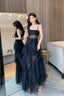 Black Straps Layers Straps Tulle Long Party Dress, A-Line Black Tulle Prom Dress