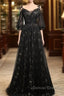 Black Straps Tulle Long Party Dress With Sleeves Evening Dress, Black A-Line Prom Dress Party Dress