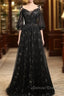 Black Straps Tulle Long Party Dress With Sleeves Evening Dress, Black A-Line Prom Dress Party Dress