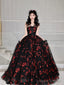 Black Tulle And Red Sequins Long Formal Dress, A-Line Strapless Evening Party Dress