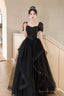 Black Tulle Lace Short Sleeve Floor Length Prom Dress, Black A-Line Evening Party Dress
