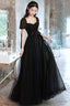 Black Tulle Long Prom Dress, Black Short Sleeve Graduation Dress