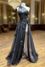 Black Tulle one Shoulder Appliques Split Prom Dress